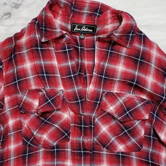 Sam Edelman Red Plaid Button Up with Zipper Cold Shoulders - Picture 2 of 5